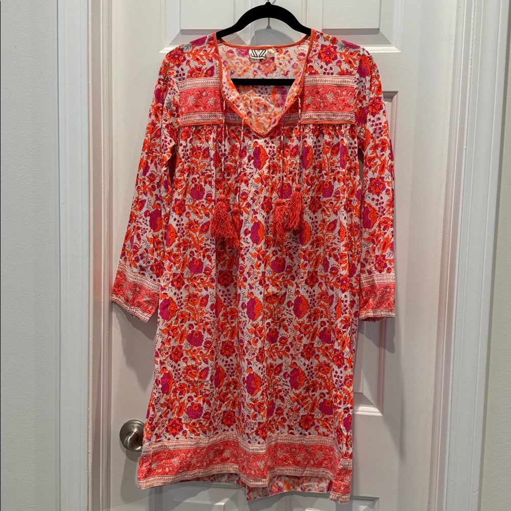 SZ Blockprints 100% Cotton Tunic Dress Tassels Pink Orange Women coverup resort